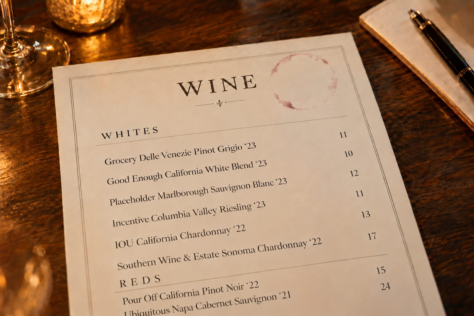 A restaurant wine list by the glass, photographed on a dark table by candlelight.